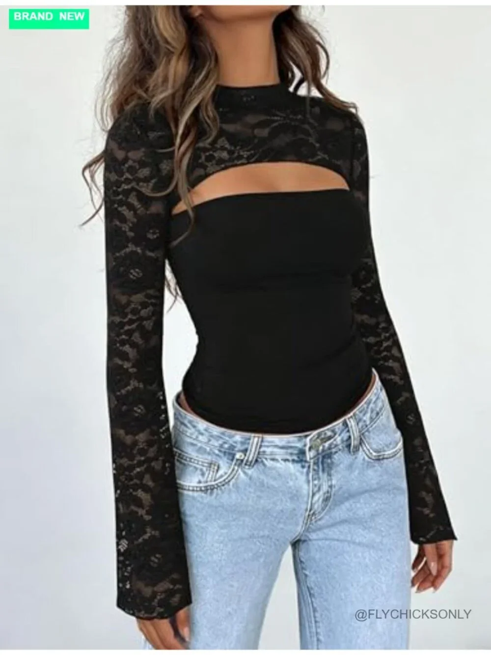 Lace Mesh Long Sleeve Crop Top Y2K Going Out